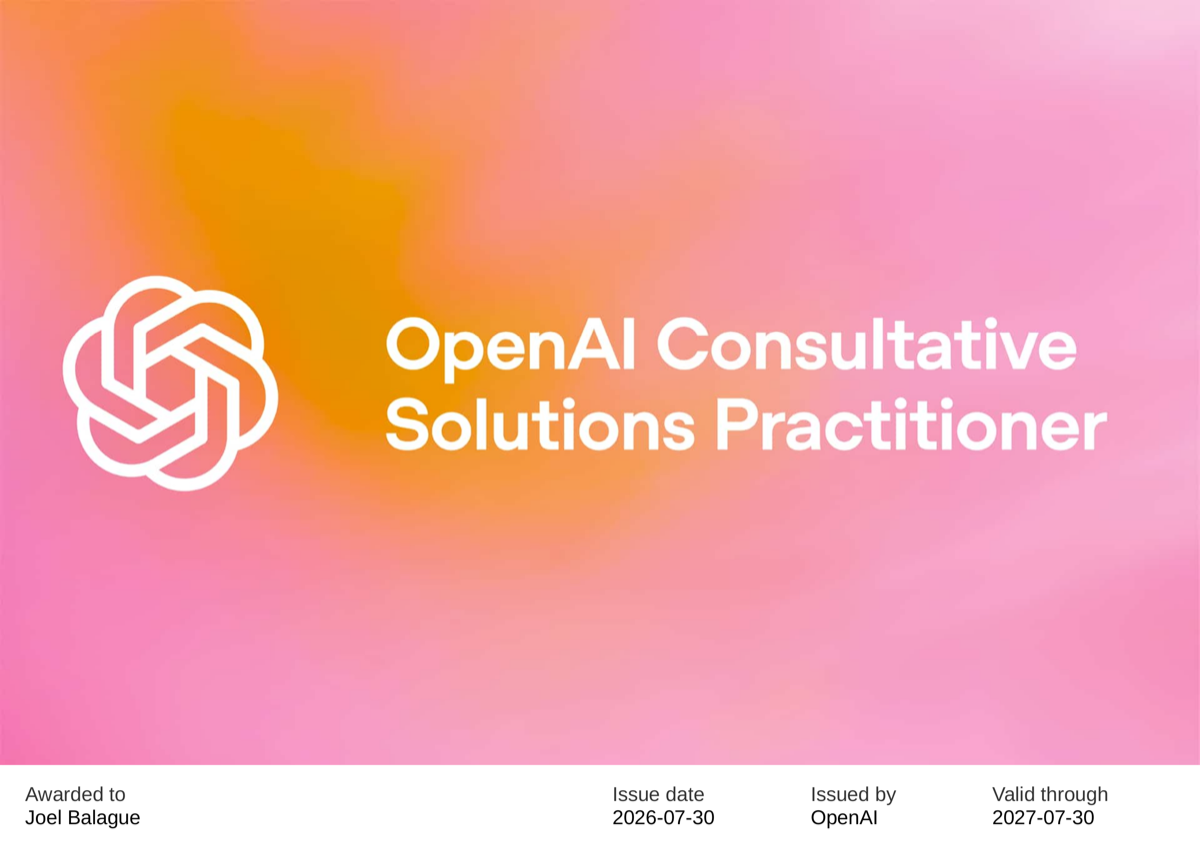 Certificado de OpenAI Consultative Solutions Practitioner otorgado a Joel Balague